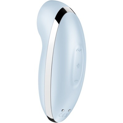 Dispositivo eletrónico azul claro com botões e detalhes prateados