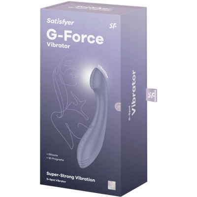 Caixa do vibrador Satisfyer G-Force cinza com texto descritivo