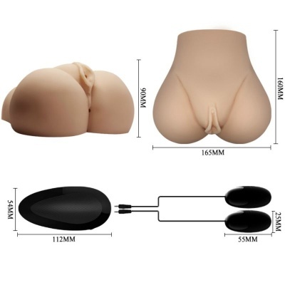Masturbador masculino em silicone bege com controlos pretos e medidas em milímetros