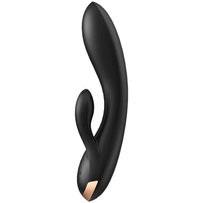 Vibrador preto com acabamentos dourados e formato ergonómico
