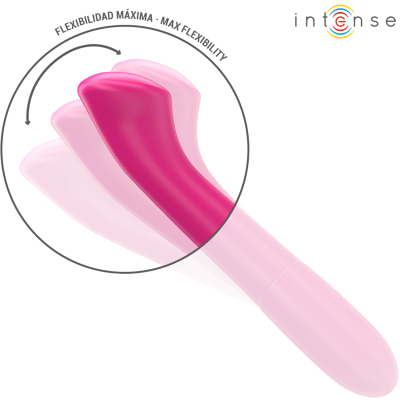 Vibrador rosa flexível sobre fundo branco com indicação de flexibilidade máxima e logotipo intense.