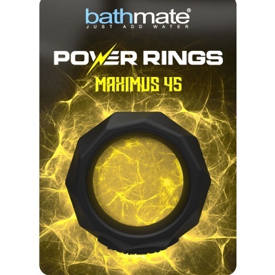 Anel preto em embalagem preta e amarela com texto bathmate POWER RINGS MAXIMUS 45