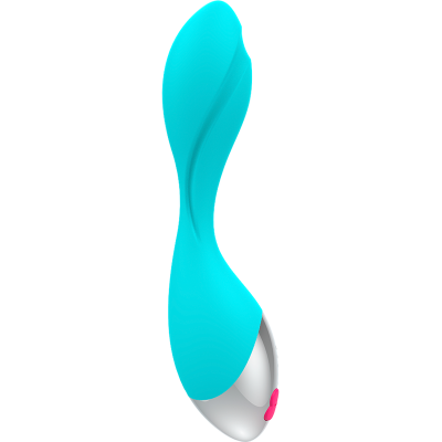 Vibrador azul turquesa em silicone com base prateada e botão cor-de-rosa.