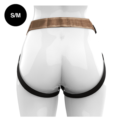 Cinta de suporte castanha com tiras pretas, tamanho S/M, vista traseira num manequim branco