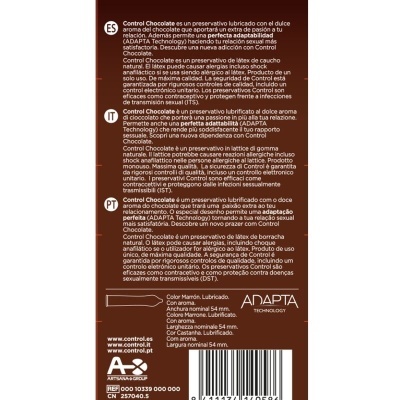 Embalagem castanha de preservativo Control Chocolate com texto em português, espanhol e italiano