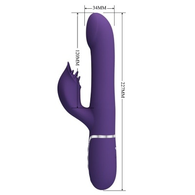 Vibrador roxo com estimulador adicional e medidas visíveis
