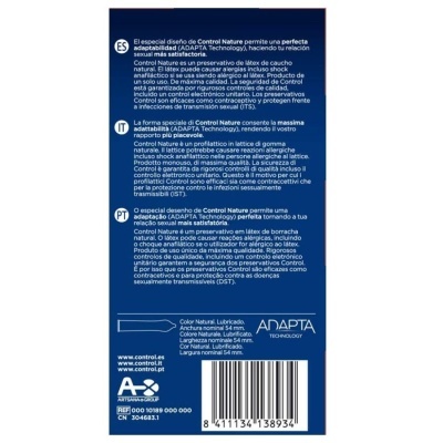 Embalagem de preservativos Control Nature azul com texto informativo e código de barras