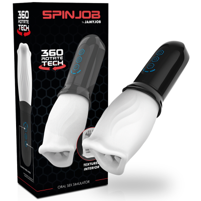 Simulador de sexo oral SPINJOB da JAMYJOB preto e branco ao lado da embalagem preta com texto vermelho e branco