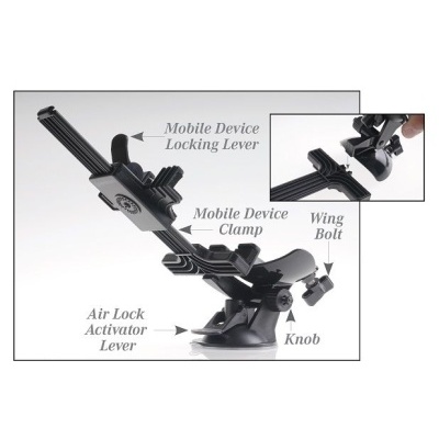 Suporte ajustável para dispositivo móvel preto com peças rotuladas