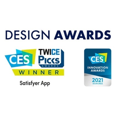 Logótipos e texto dos prémios CES Twice Picks Awards e CES Innovation Awards 2021 para Satisfyer App.