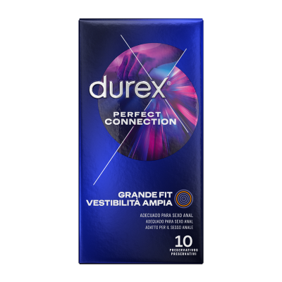 Embalagem azul do Durex Perfect Connection com 10 preservativos Grande Fit