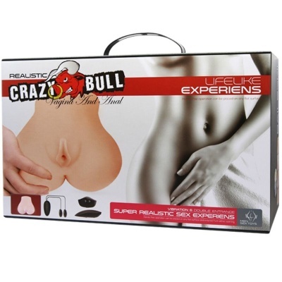 embalagem de produto erótico realista Crazy Bull em cores branco, vermelho e preto com imagem de modelo corpo cinza prata