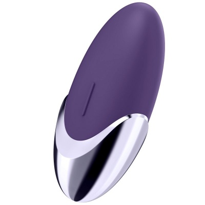 Dispositivo oval roxo com base prateada em fundo branco