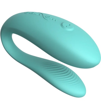 Vibrador azul-turquesa curvado em silicone com botões e relevo