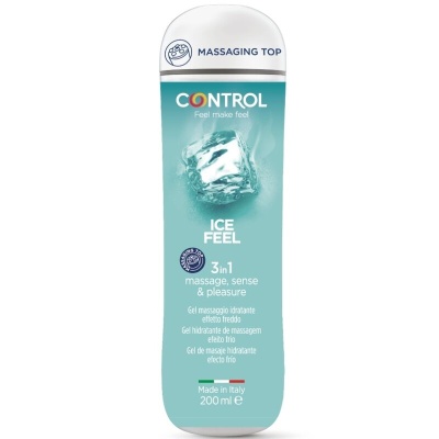 Frasco azul e branco de gel de massagem hidratante com efeito frio 200 ml