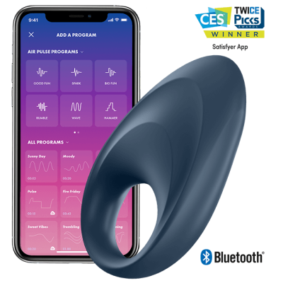 Anel azul escuro de silicone com smartphone mostrando app Satisfyer App e ícones CES e Bluetooth