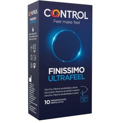 Embalagem azul escura de preservativos Control Finissimo Ultrafell com texto e símbolos.