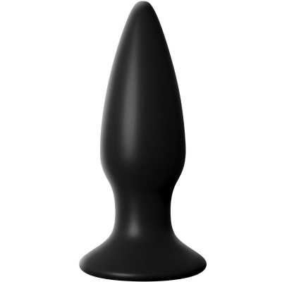 Plug anal preto de silicone com base larga em fundo branco