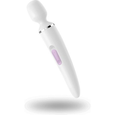 Vibrador massageador branco com botão roxo e detalhe prateado
