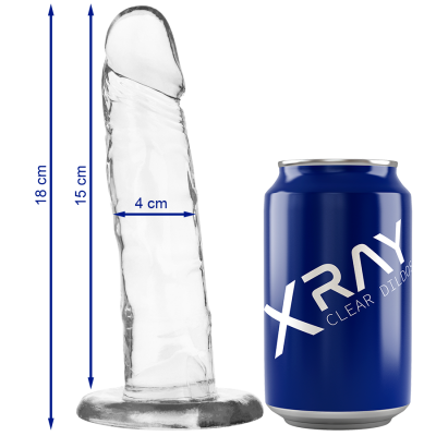 Dildo transparente realístico ao lado de lata azul com texto XRAY CLEAR DIL