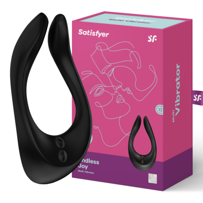 Vibrador preto em U com dois botões, ao lado de embalagem rosa com desenhos e texto Satisfyer Multivibrator