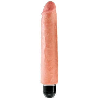 Vibrador cilíndrico cor pele com base preta sobre fundo branco