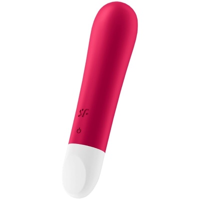 Vibrador pessoal vermelho com base branca e dois ícones