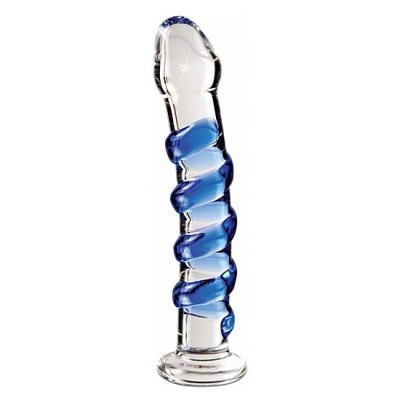 Vibrador de vidro transparente com detalhes em espiral azul