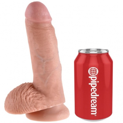 Dildo realista tom pele ao lado de lata vermelha com logótipo pipedream