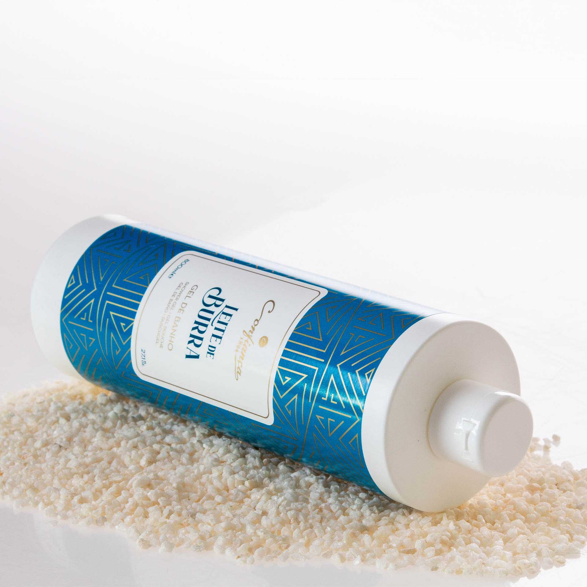 GEL BANHO CONFIANÇA 800ml LEITE DE BURRA Garrafa de gel de banho Leite de Burra da Corpore Sano com embalagem azul e dourada