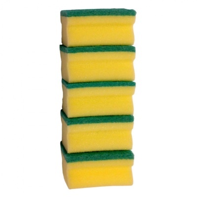 Cinco esponjas de cozinha amarelas e verdes empilhadas