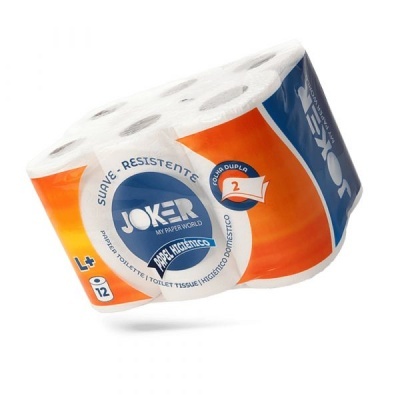 Pack de 12 rolos de papel higiénico JOKER em embalagem laranja, branco e azul.