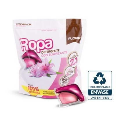 Embalagem de detergente com suavizante 'Ropa' da FLOPP, predominantemente rosa e branca com imagens de flores e cápsulas.