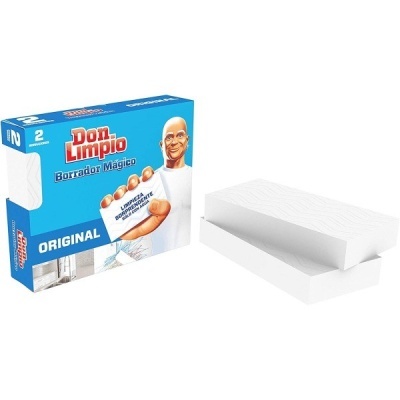 Embalagem azul e branco com 2 Borradores Mágicos Don Limpio e duas esponjas brancas retangulares