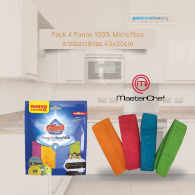 Pack de 4 panos microfibra antibacterianos coloridos e embalagem azul na cozinha