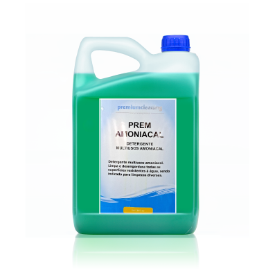 Recipiente plástico verde com tampa azul e rótulo branco e azul de detergente multiusos amoniacal