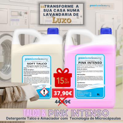 Detergente líquido e amaciador em recipientes grandes de plástico branco e rosa com tampa azul.