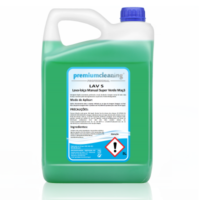 Garrafão de 5 litros de detergente verde com rótulo azul e branco