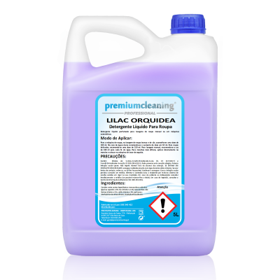 Recipiente de detergente líquido roxo com tampa azul e rótulo em português