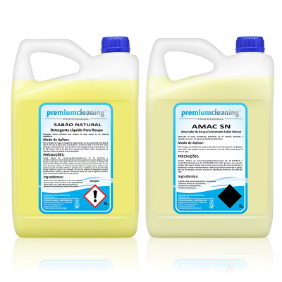 Recipientes plásticos com detergente e amaciador de roupa em embalagem de 5L