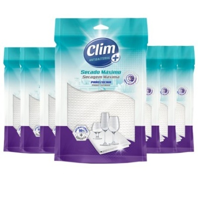 Pacotes de pano de limpeza Clim antibacteriano em embalagem azul e roxa