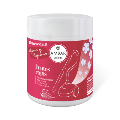 Frasco branco com rótulo vermelho da AMBAR perfumes com texto e ilustração de aspirador e flores.