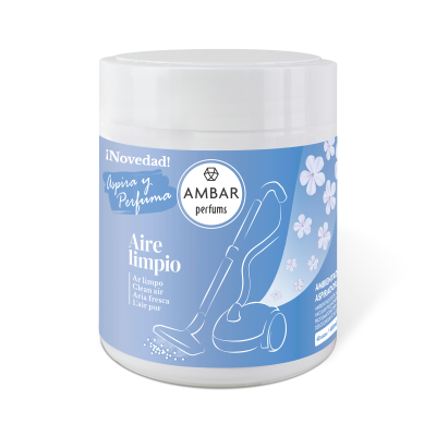 Frasco branco com rótulo azul claro de perfume ambiente AMBAR com imagem de aspirador