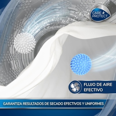 Parte interior de máquina de secar roupa com ar circulando e bolas de lavagem, com texto CARE + PROTECT e FLUJO DE AIRE EFECTIVO
