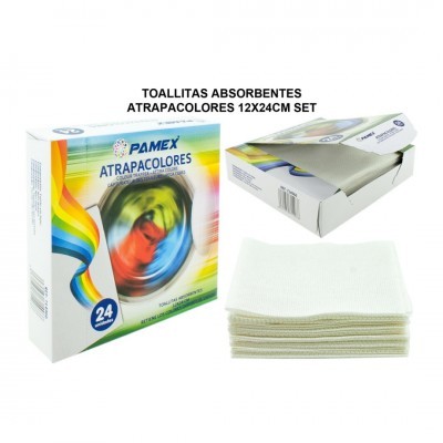 Pacote e toalhitas absorventes PAMEX ATRAPACOLORES para roupa de cor