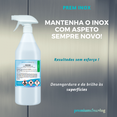 Frasco de spray para limpeza de inox com texto promocional em fundo metálico