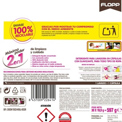 Etiqueta de detergente em cápsulas para máquinas de lavar roupa, com informações e aviso de advertência em fundo amarelo e branco.