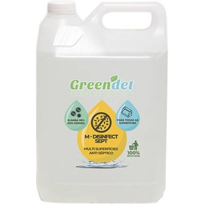 Frasco plástico branco com rótulo GreenDet M-Disinfect Sept antiseptico