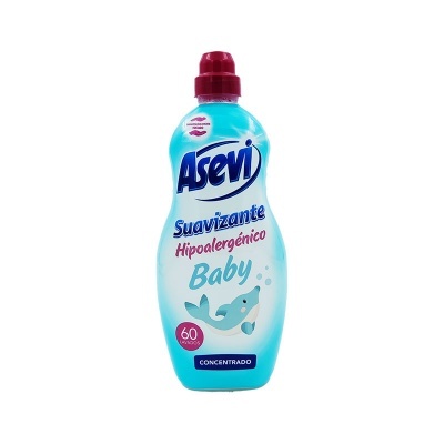 Frasco azul claro de suavizante hipoalergénico Baby da marca Asevi com tampa rosa