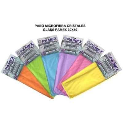 Seis panos de microfibra coloridos embalados individualmente com etiquetas da marca PAMEX